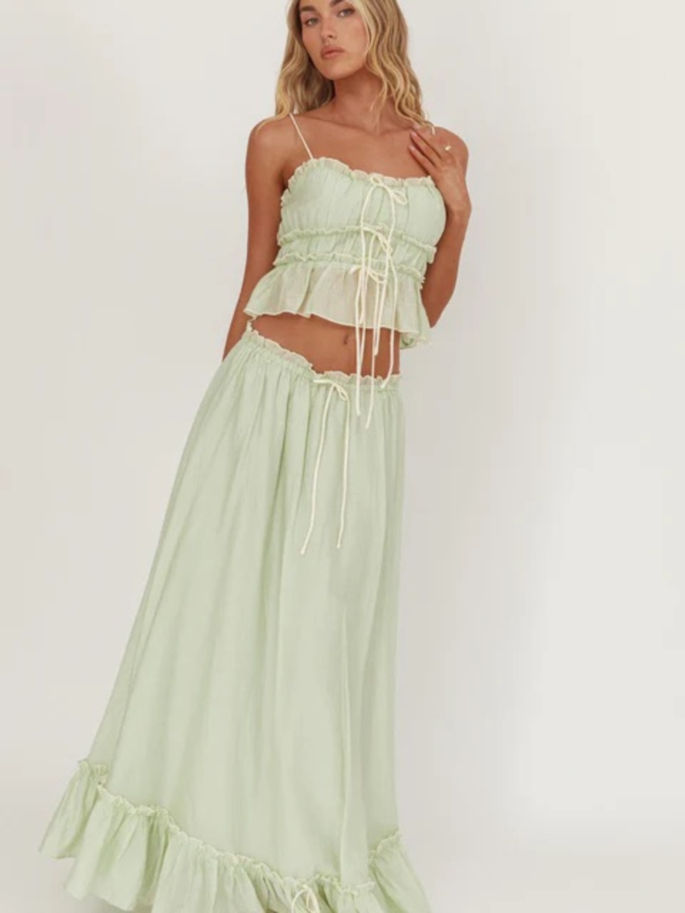 Light Green Ruffled Maxi Skirt - Women